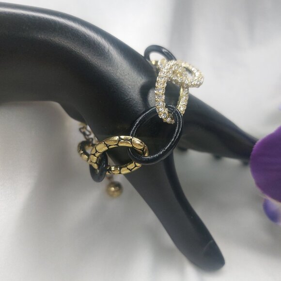 Vintage 80's Bracelet Rhinestones Oval Links Gold Black Cheetah Silver 7-9'' EUC - Picture 3 of 7